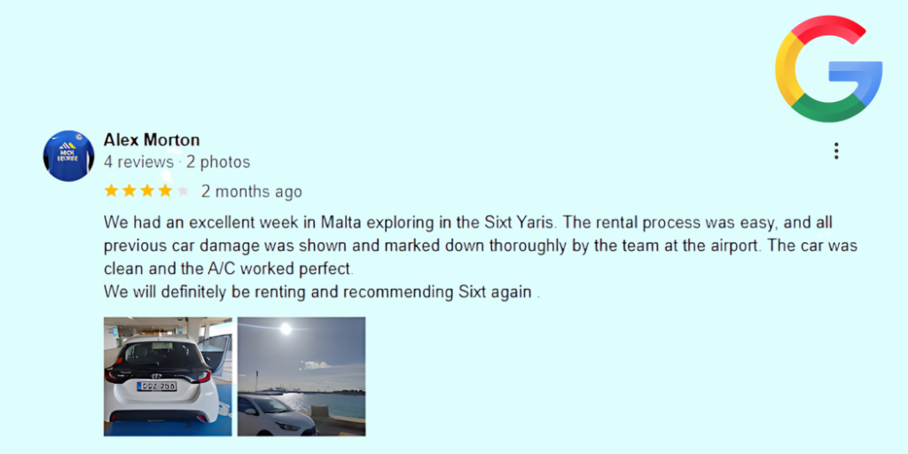 Sixt car Rental Malta customer google review