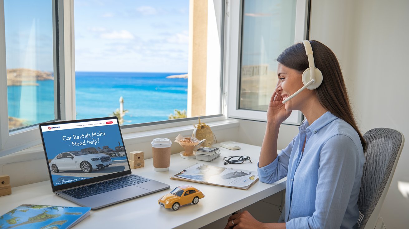 Friendly customer support for Car Rentals Malta Contact – A smiling representative answers a call at a stylish desk with a laptop displaying 'Car Rentals Malta – Need Help