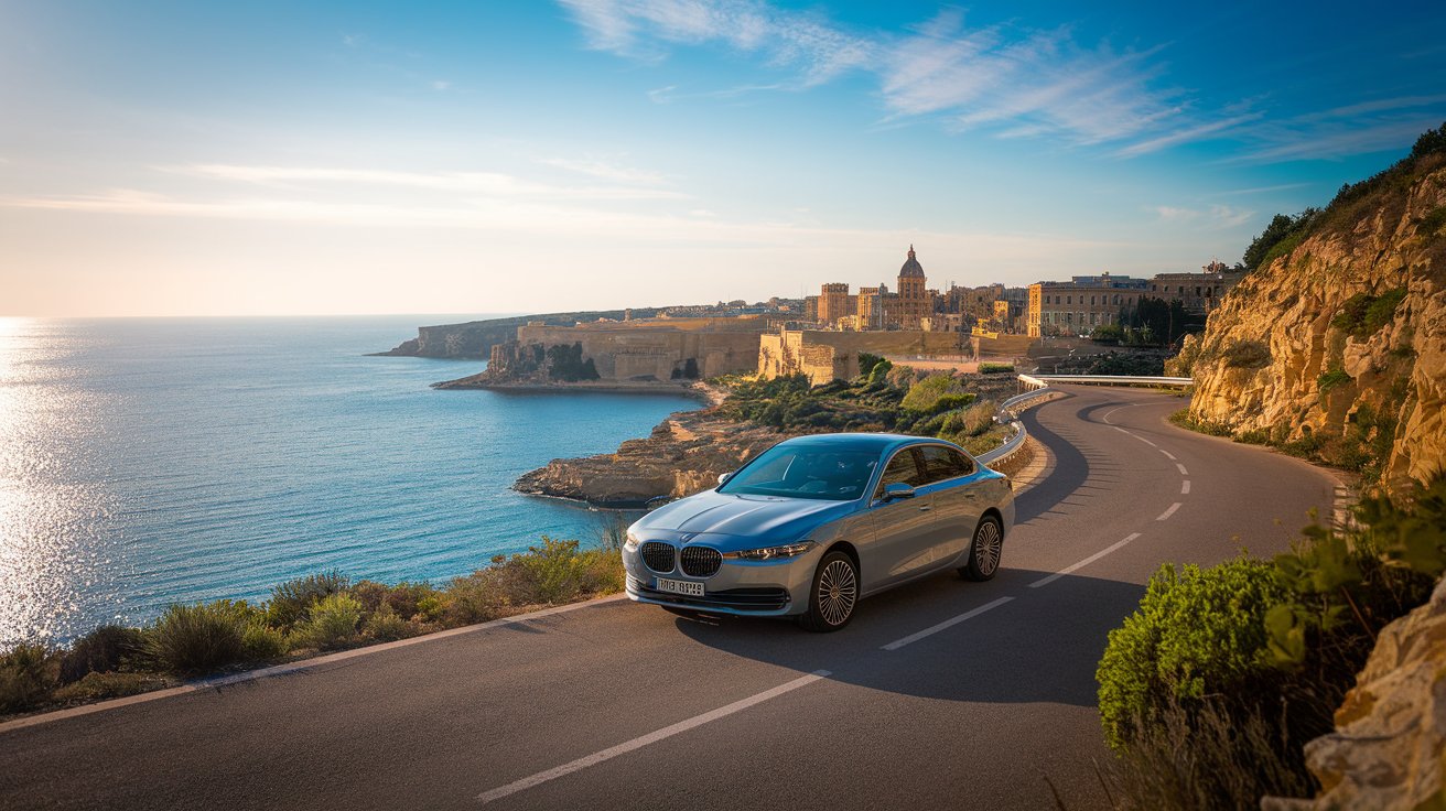 Scenic-coastal-road-in-Malta-with-a-modern-rental-car-parked-overlooking-the-Mediterranean-Sea-ideal-for-tourists-looking-for-car-hire-in-Malta-to-explore-top-destinations.