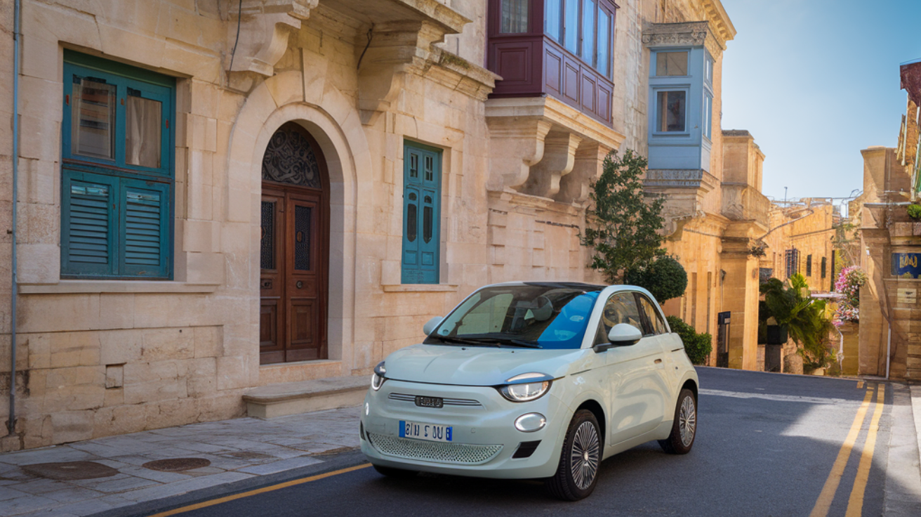 Car Rental Companies in Malta – Small rental car parked on a charming street in Valletta, surrounded by historic limestone buildings and colorful balconies
