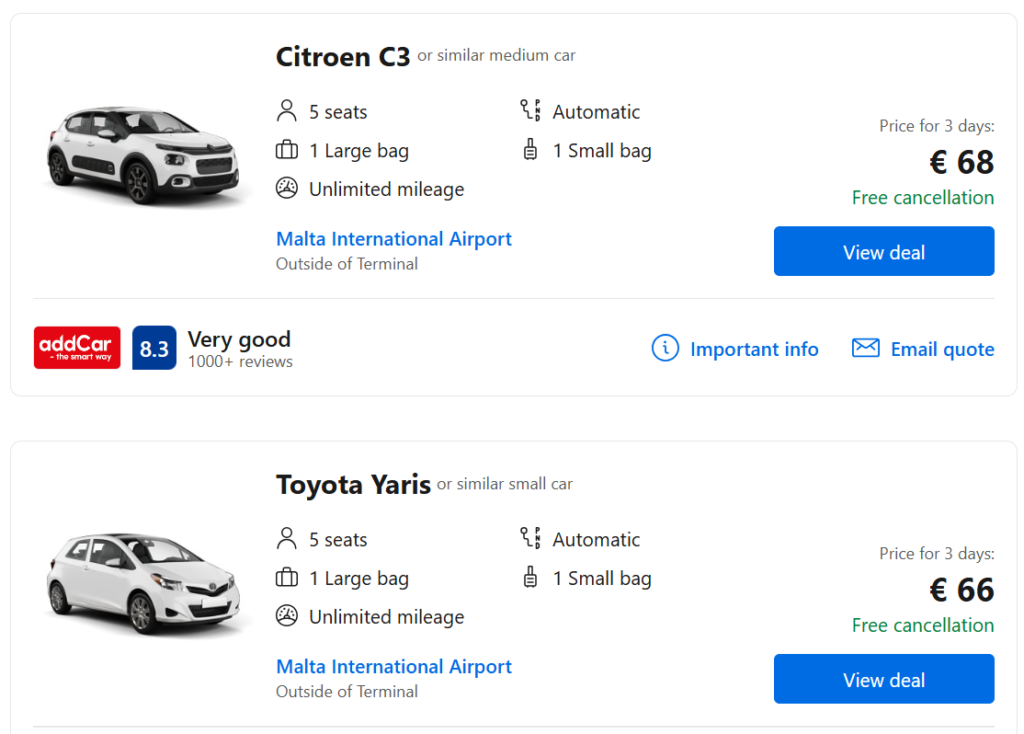 Automatic Car rentals in Malta