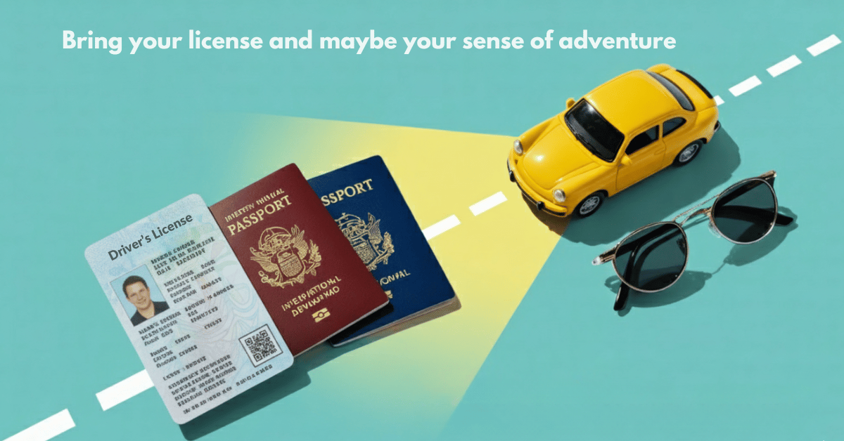 Flat-lay of driver’s license, passport, and toy car on turquoise background symbolizing driving license requirements for renting a car.