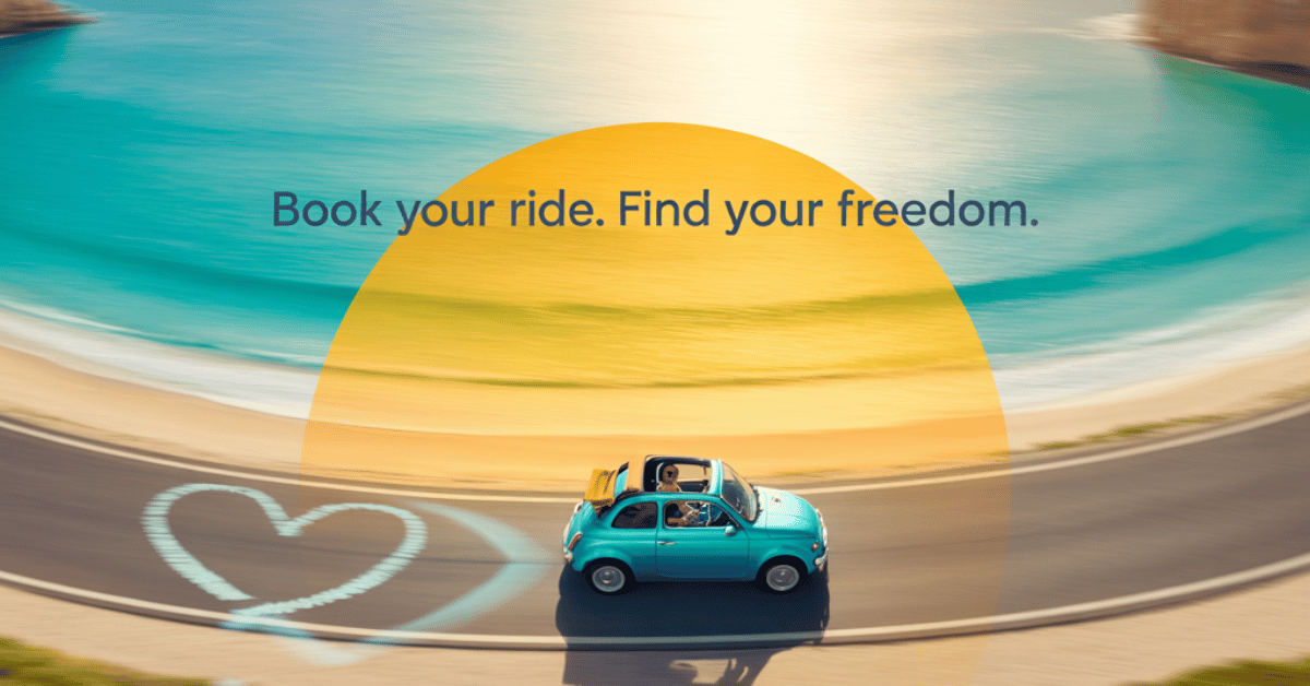 Small turquoise car driving along a sunny coastal road with turquoise water and yellow sunlight in the background. Car Rentals Malta