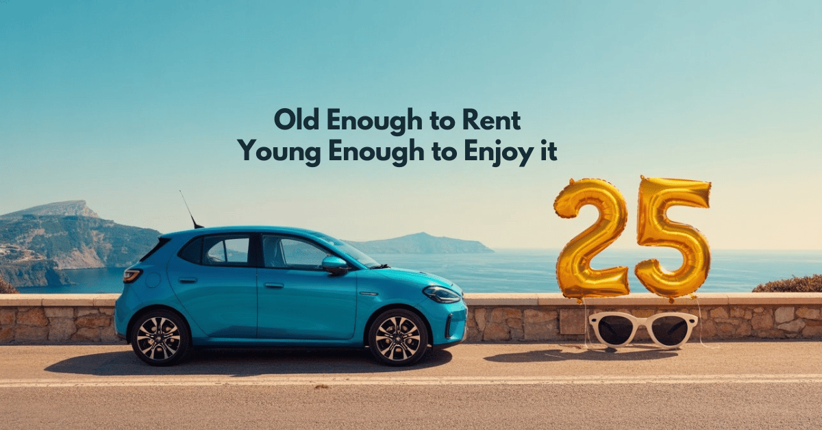 Turquoise car with yellow number 25 balloon by the sea, symbolizing the age requirement for car rental in a fun and sunny way