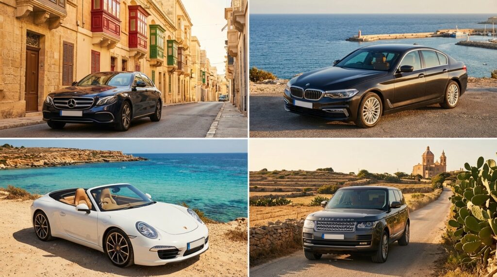 2x2 grid of car images Mercedes, BMW 5 Series, convertible (Mini Cabrio or BMW Z4), and a Range RoverSUV.